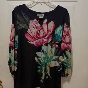 JM Collection Black Blouse with Pink and Teal Floral Design